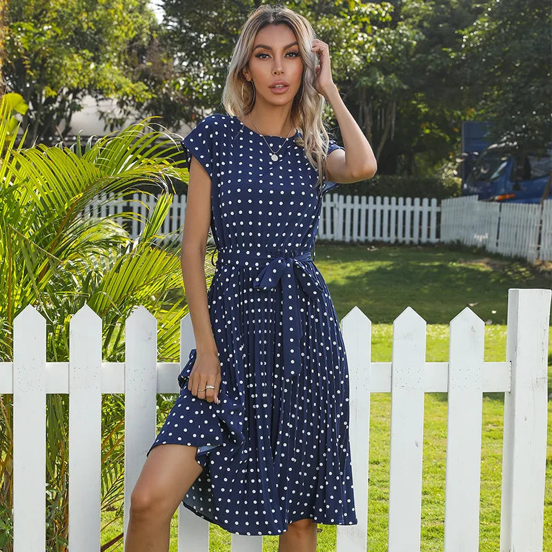 Elspeth | Polka Dot Pleated Maxi Dress with Short Sleeves and Belted Waist