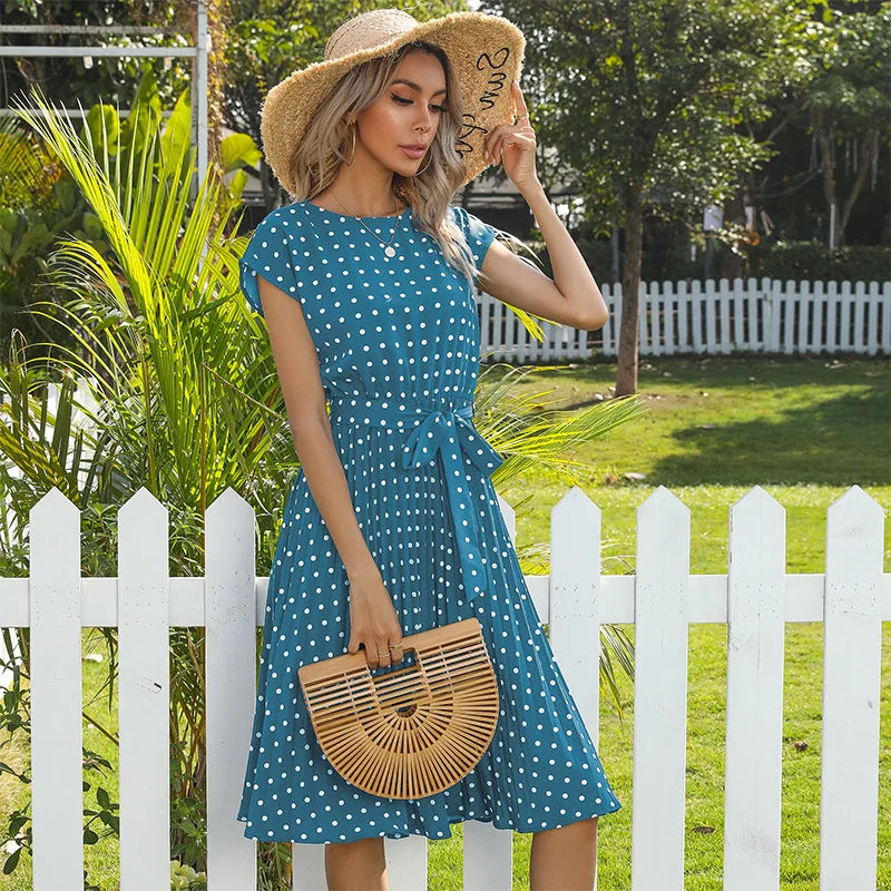 Elspeth | Polka Dot Pleated Maxi Dress with Short Sleeves and Belted Waist