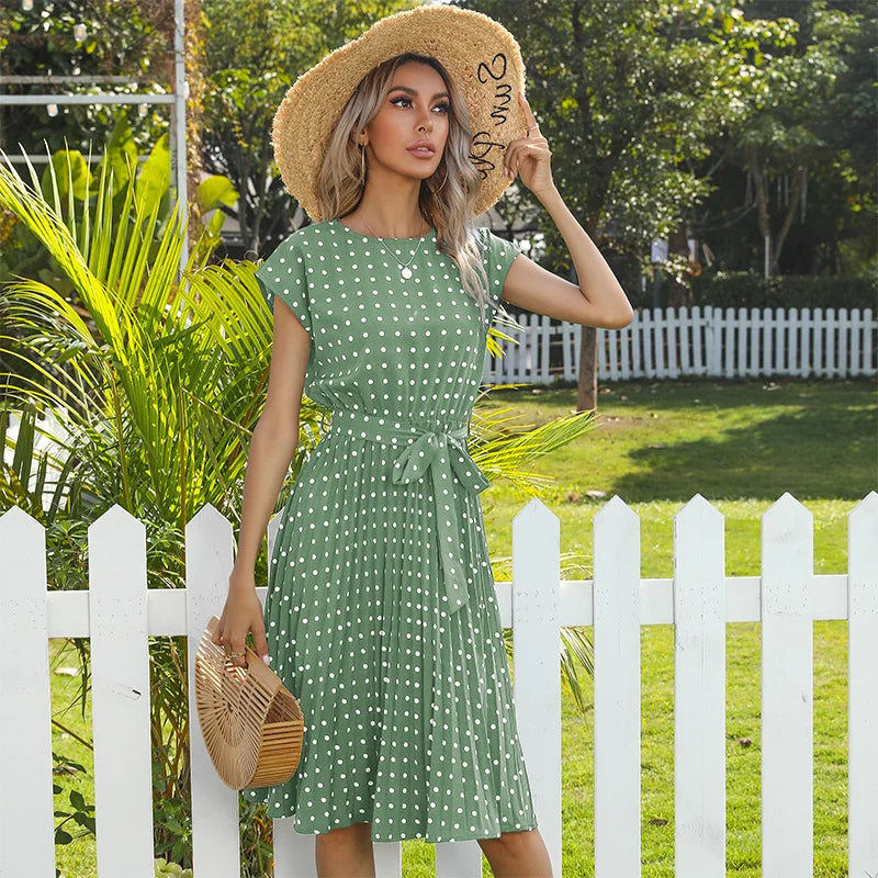 Elspeth | Polka Dot Pleated Maxi Dress with Short Sleeves and Belted Waist