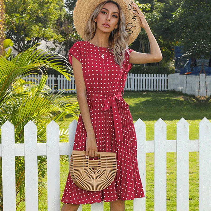 Elspeth | Polka Dot Pleated Maxi Dress with Short Sleeves and Belted Waist