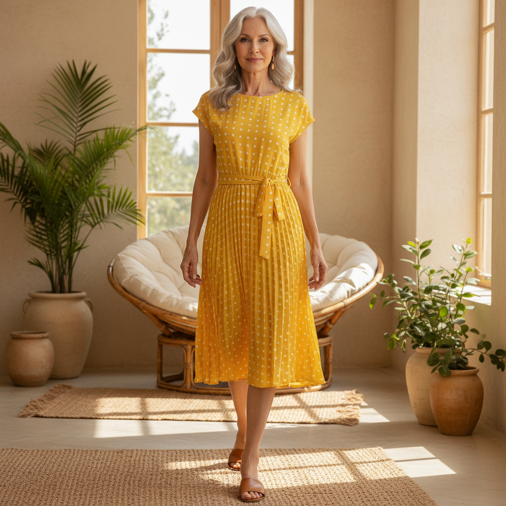 Elspeth | Polka Dot Pleated Maxi Dress with Short Sleeves and Belted Waist