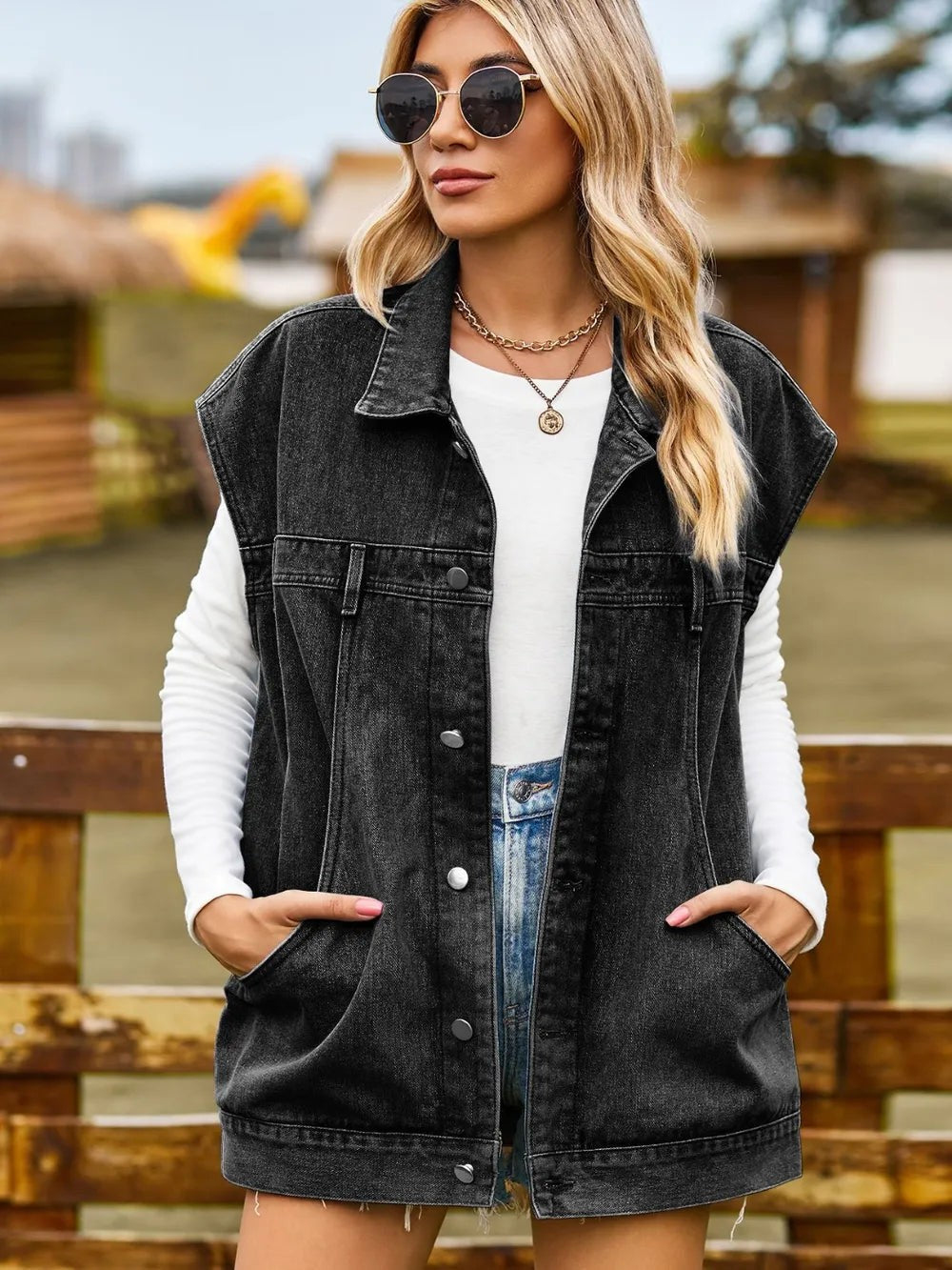 Billie | Button-Up Sleeveless Denim Jacket photo