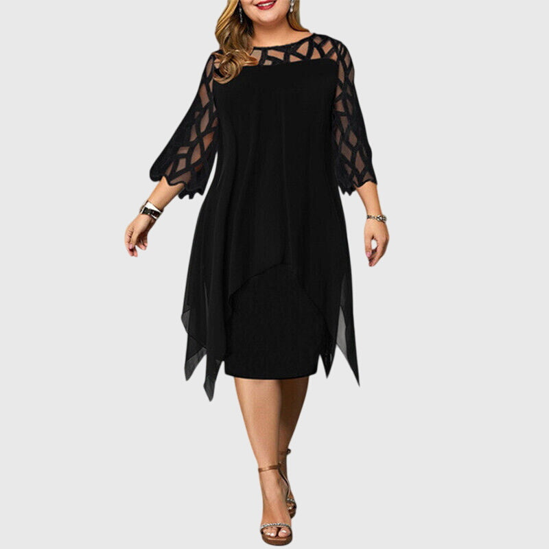 Elaria | Plus Size Mini Dress with Asymmetrical Overlay and Geometric Sleeve