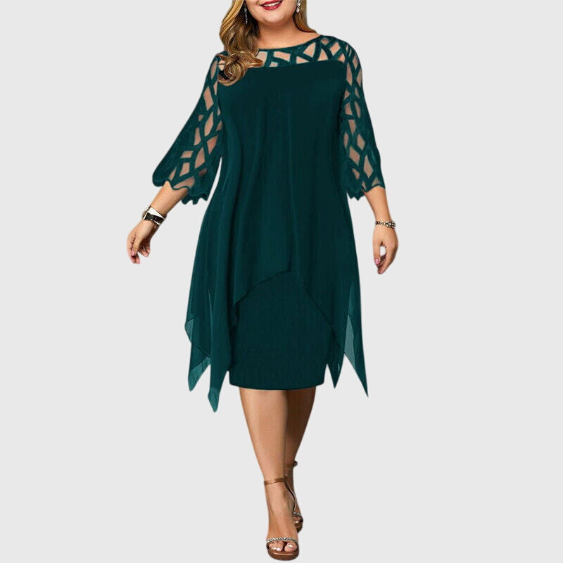 Elaria | Plus Size Mini Dress with Asymmetrical Overlay and Geometric Sleeve
