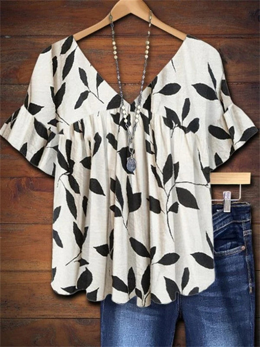 Arabella | Ruffled Leaf-Print V-Neck Top
