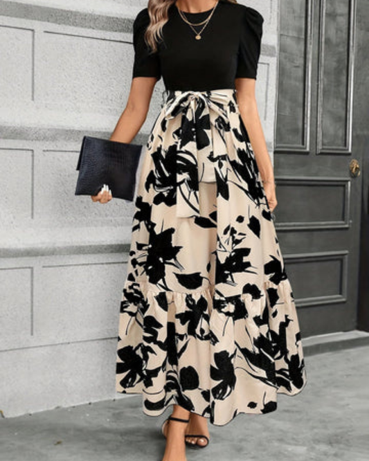 Celestine | Stretch Puff Sleeve Tie-Waist Tiered Maxi Dress