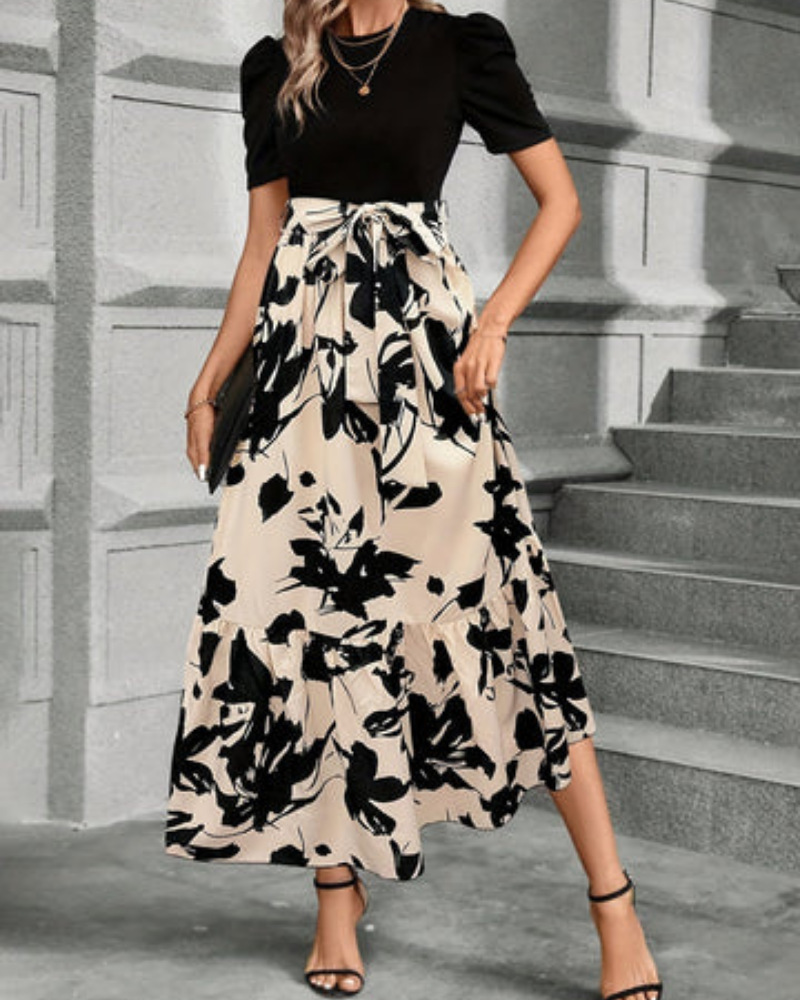 Celestine | Stretch Puff Sleeve Tie-Waist Tiered Maxi Dress
