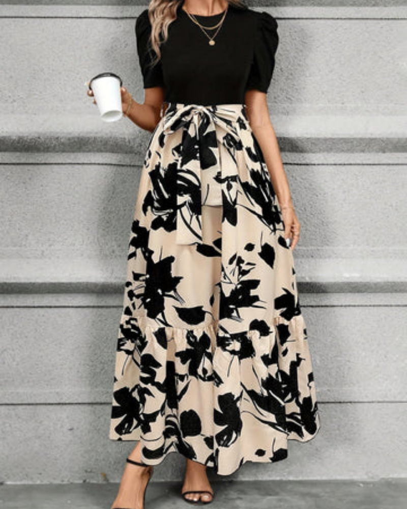 Celestine | Stretch Puff Sleeve Tie-Waist Tiered Maxi Dress
