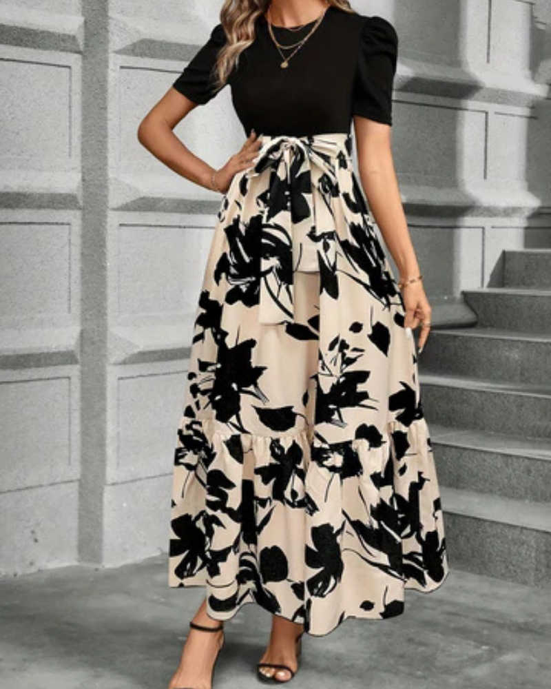 Celestine | Stretch Puff Sleeve Tie-Waist Tiered Maxi Dress