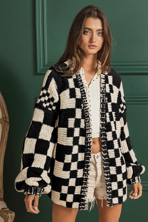 Brione | Checkerboard Chunky Knit Cardigan with Whipstitch Trim