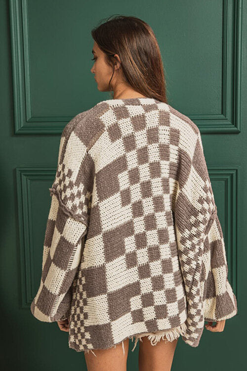Brione | Checkerboard Chunky Knit Cardigan with Whipstitch Trim