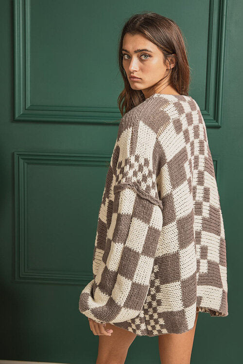 Brione | Checkerboard Chunky Knit Cardigan with Whipstitch Trim