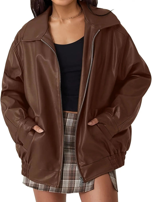 Tirzah | Leather Bomber Jacket with Elastic Cuffs and Zipper