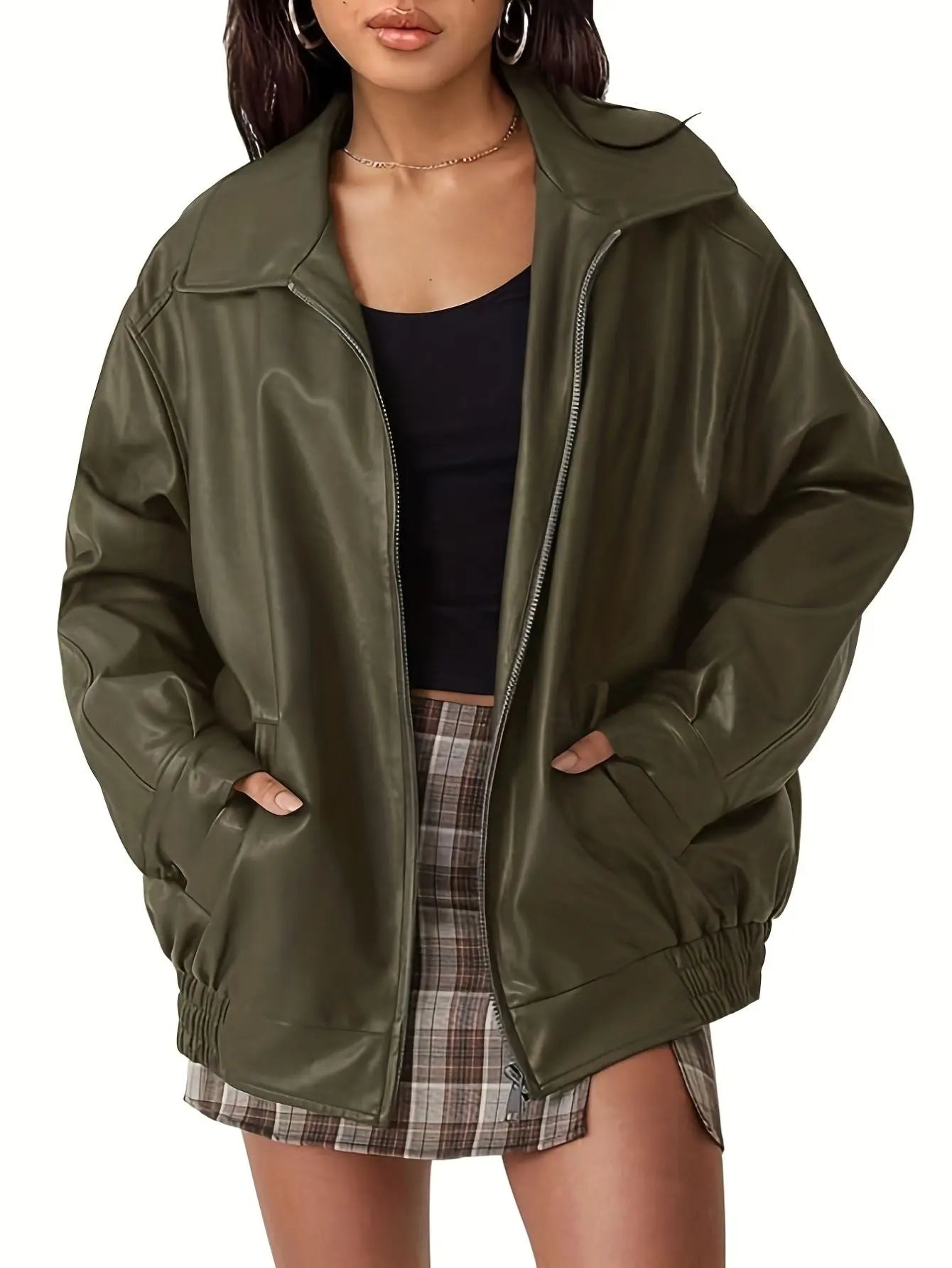 Tirzah | Leather Bomber Jacket with Elastic Cuffs and Zipper