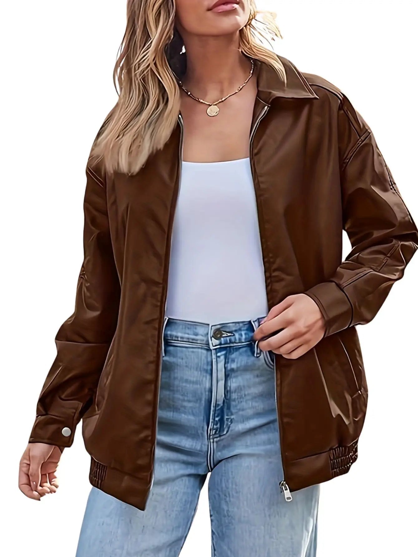 Tirzah | Leather Bomber Jacket with Elastic Cuffs and Zipper