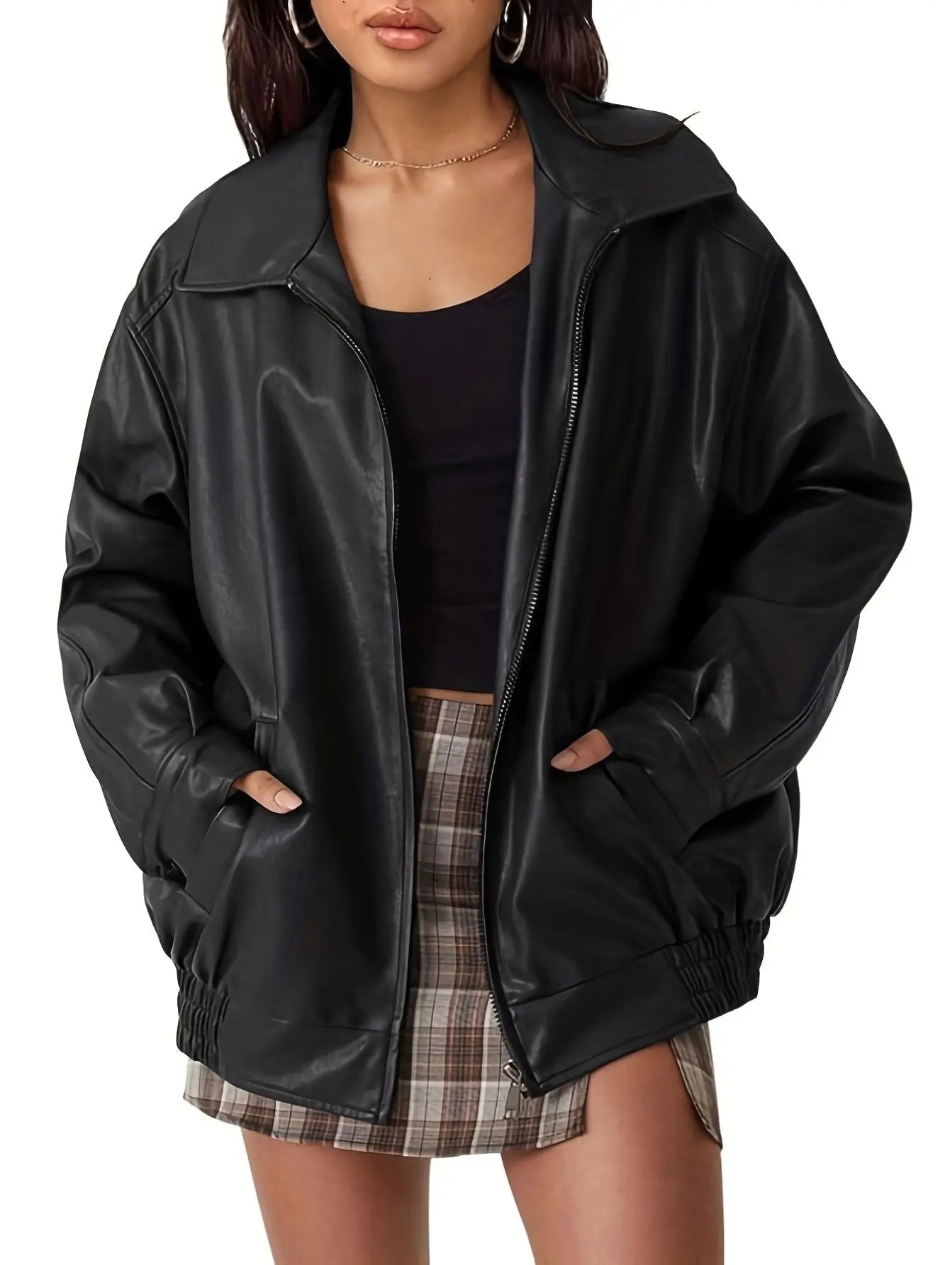 Tirzah | Leather Bomber Jacket with Elastic Cuffs and Zipper