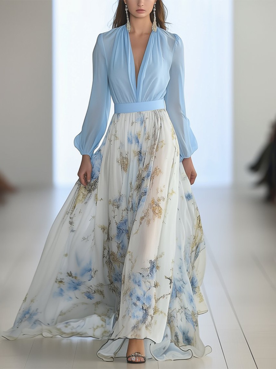 Valentina | Wedding guest floral maxi dress with Long Sleeves and V Neck