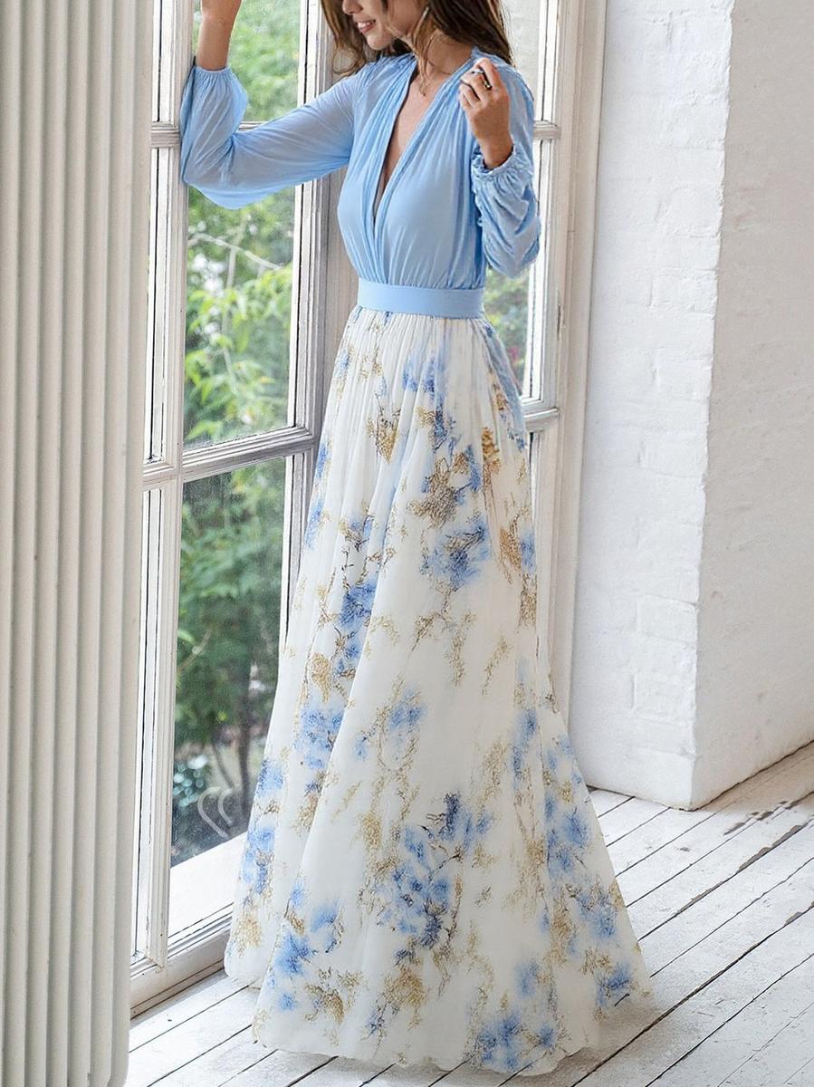 Valentina | Wedding guest floral maxi dress with Long Sleeves and V Neck