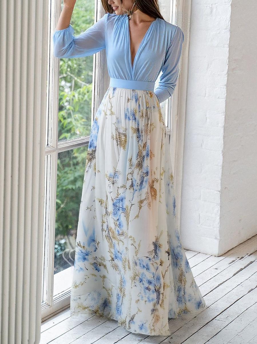 Valentina | Wedding guest floral maxi dress with Long Sleeves and V Neck