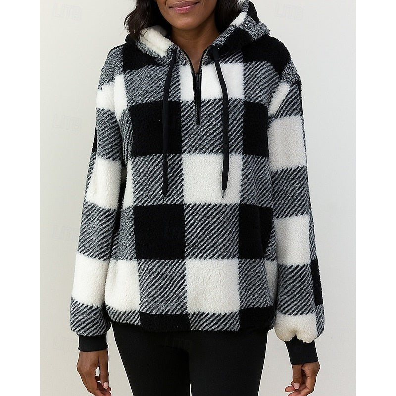 Rainelle | Women's Cozy Quarter-Zip Checkered Hoodie