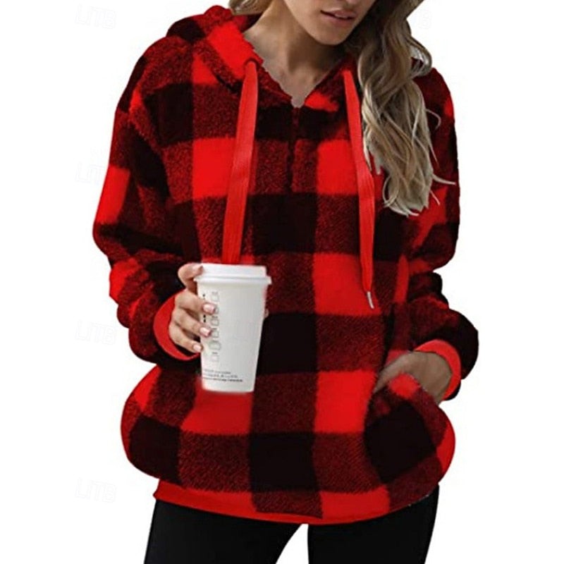 Rainelle | Women's Cozy Quarter-Zip Checkered Hoodie