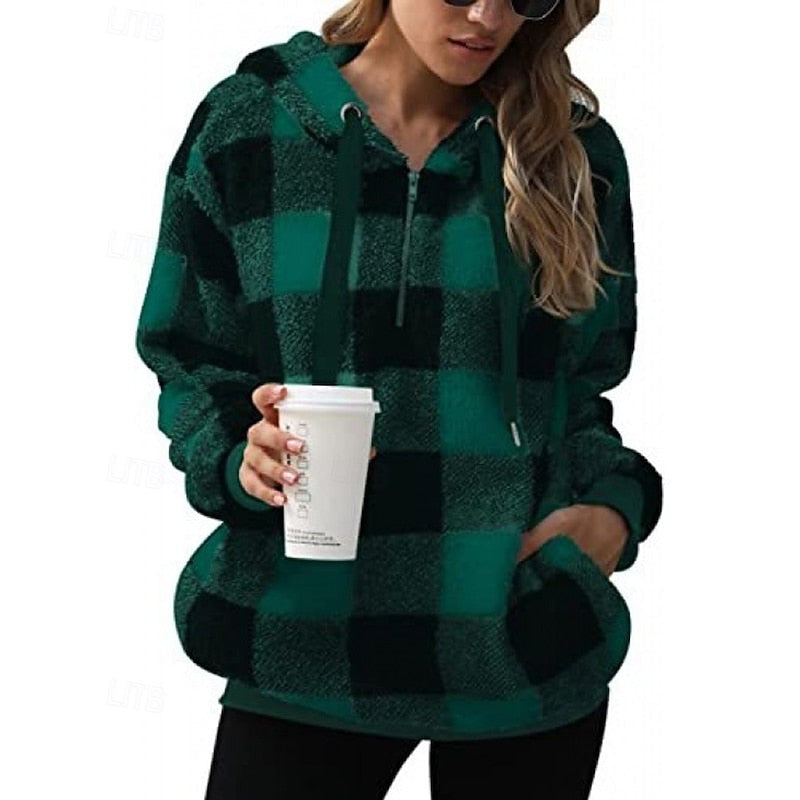 Rainelle | Women's Cozy Quarter-Zip Checkered Hoodie