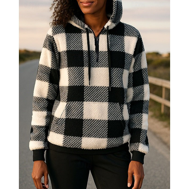 Rainelle | Women's Cozy Quarter-Zip Checkered Hoodie
