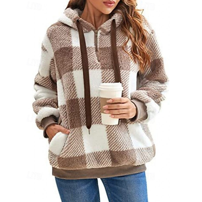 Rainelle | Women's Cozy Quarter-Zip Checkered Hoodie