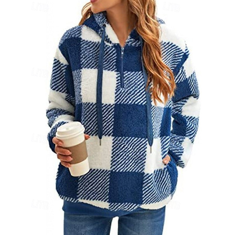 Rainelle | Women's Cozy Quarter-Zip Checkered Hoodie