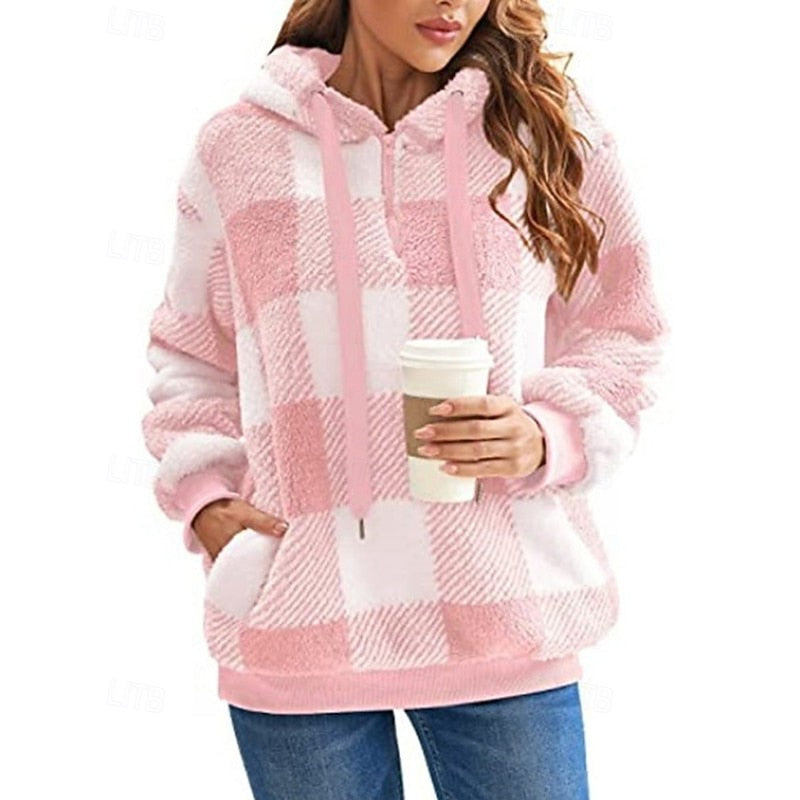 Rainelle | Women's Cozy Quarter-Zip Checkered Hoodie