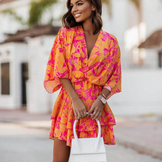 Dahlia | Floral Mini Dress with Batwing Sleeves and V Neck
