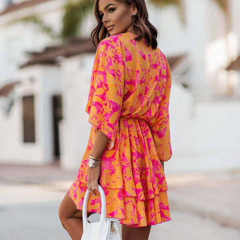 Dahlia | Floral Mini Dress with Batwing Sleeves and V Neck