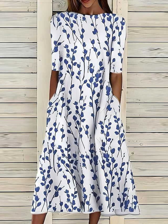 Reina | Floral Midi Dress with Short Sleeves and Round Neck