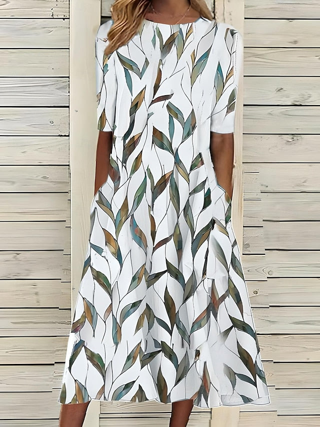 Reina | Floral Midi Dress with Short Sleeves and Round Neck