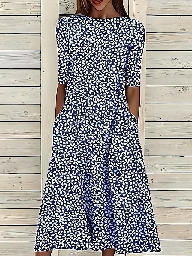 Reina | Floral Midi Dress with Short Sleeves and Round Neck