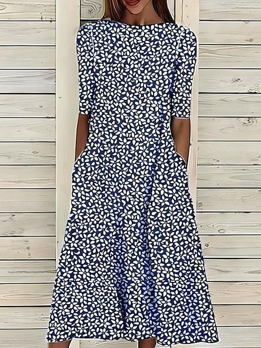 Reina | Floral Midi Dress with Short Sleeves and Round Neck