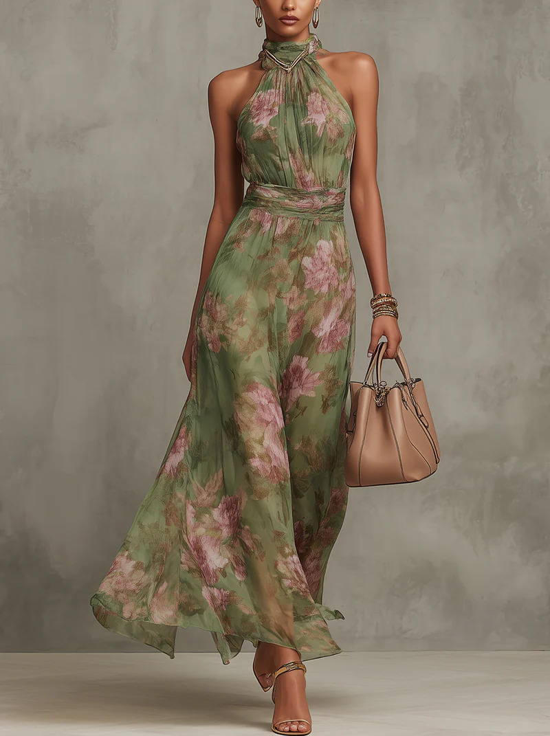 Rosanwyn | Halter-Neck Floral Maxi Dress for Wedding Guests