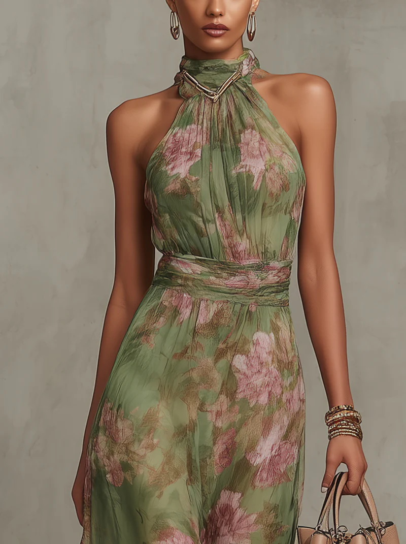 Rosanwyn | Halter-Neck Floral Maxi Dress for Wedding Guests