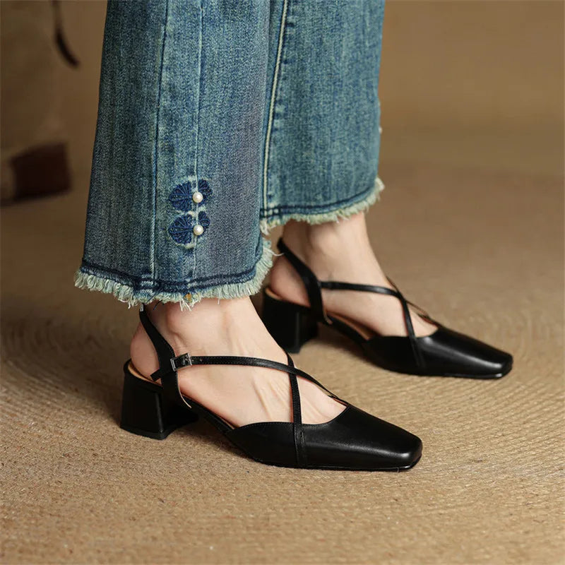 Seraphine | Dress Genuine Heels with Square Toe and Crisscross Straps