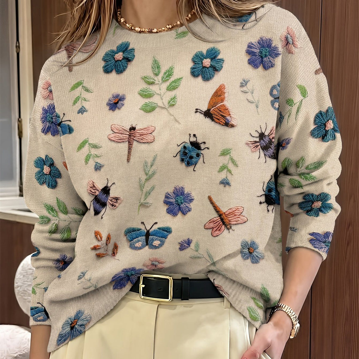 Kesaree | Women's Botanical Print Crewneck Sweater