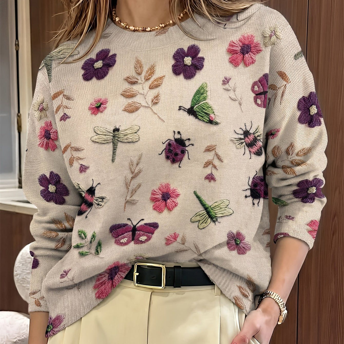Kesaree | Women's Botanical Print Crewneck Sweater