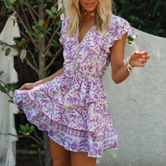 Nerine | Mini Dress Bohemian Floral with Ruffle Trim and V Neck