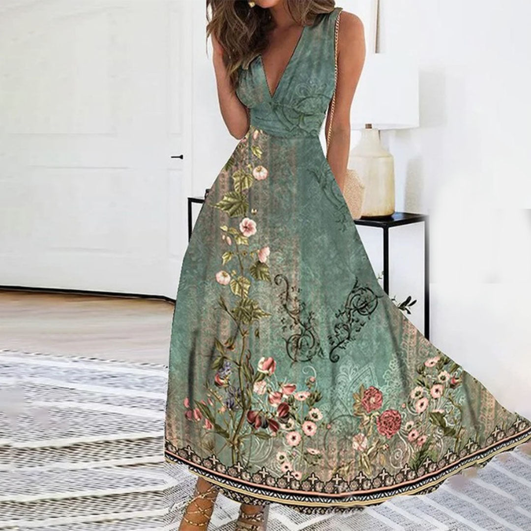 Halona | Floral Maxi Sundress with Sleeveless Crossover Bodice and V Neck