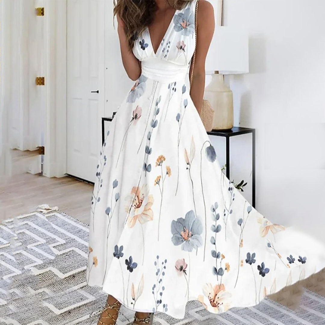 Halona | Floral Maxi Sundress with Sleeveless Crossover Bodice and V Neck