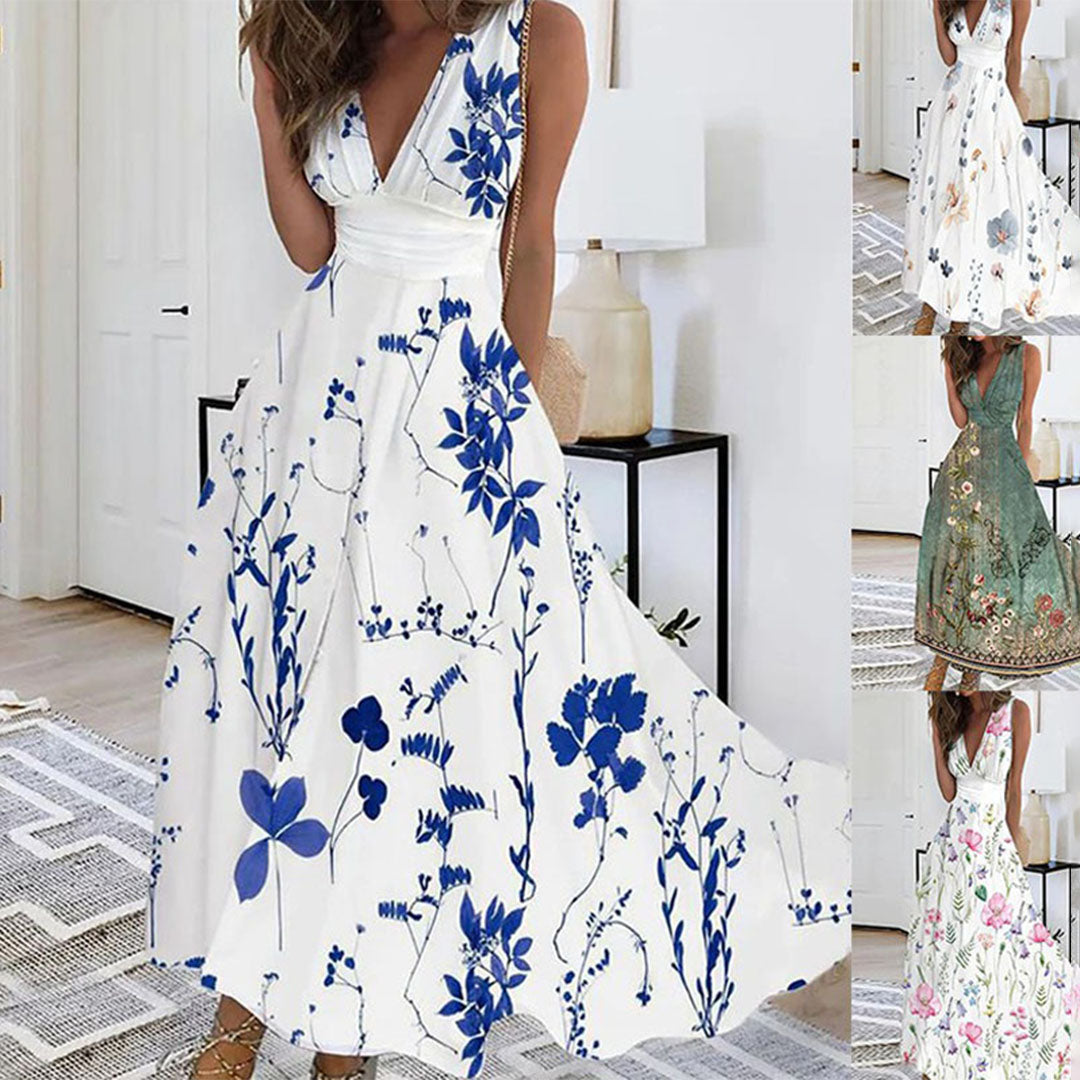 Halona | Floral Maxi Sundress with Sleeveless Crossover Bodice and V Neck
