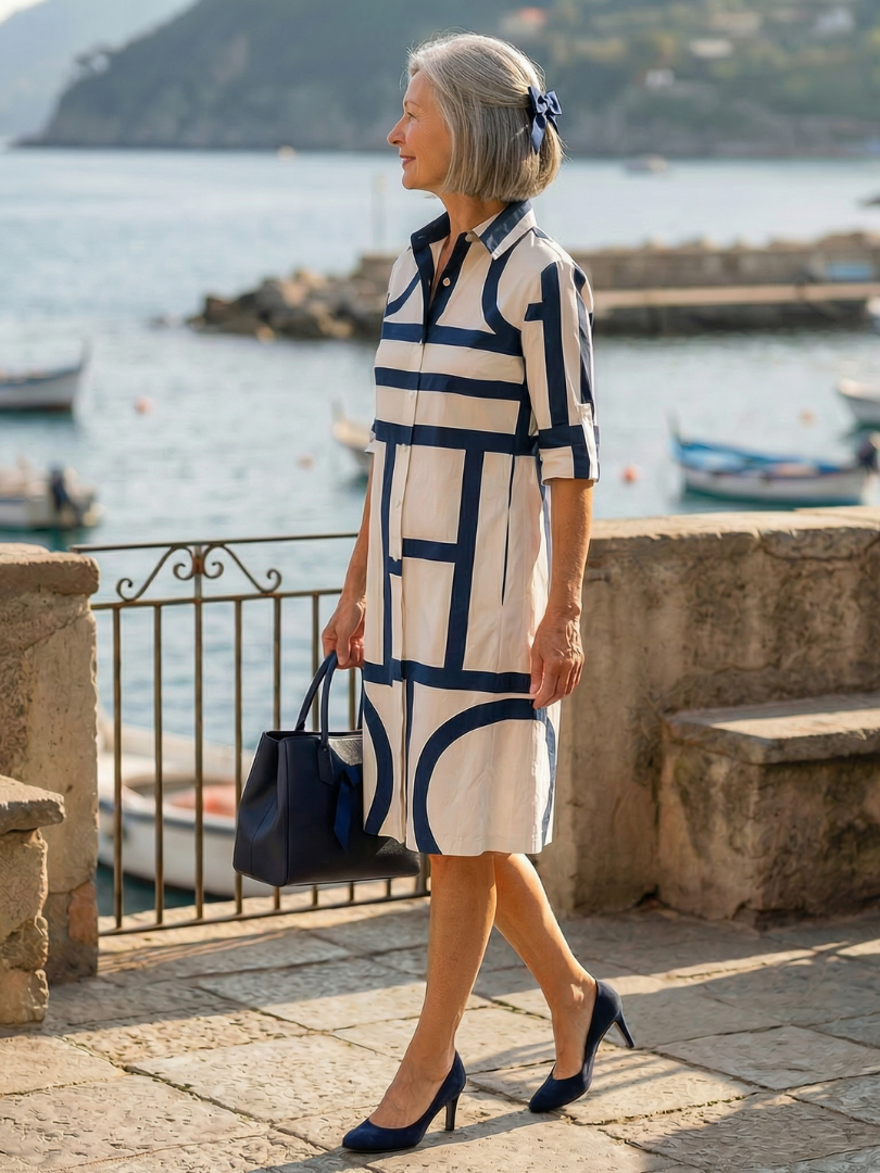 Fable | Geometric Midi Dress with Three Quarter Sleeves and Shirt Collar