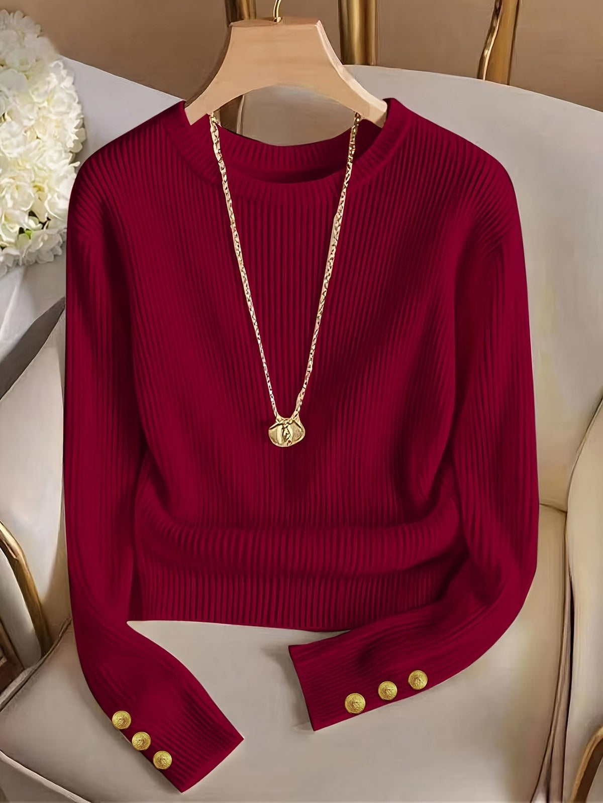 Marvela | Women's Ribbed Button-Cuff Sweater