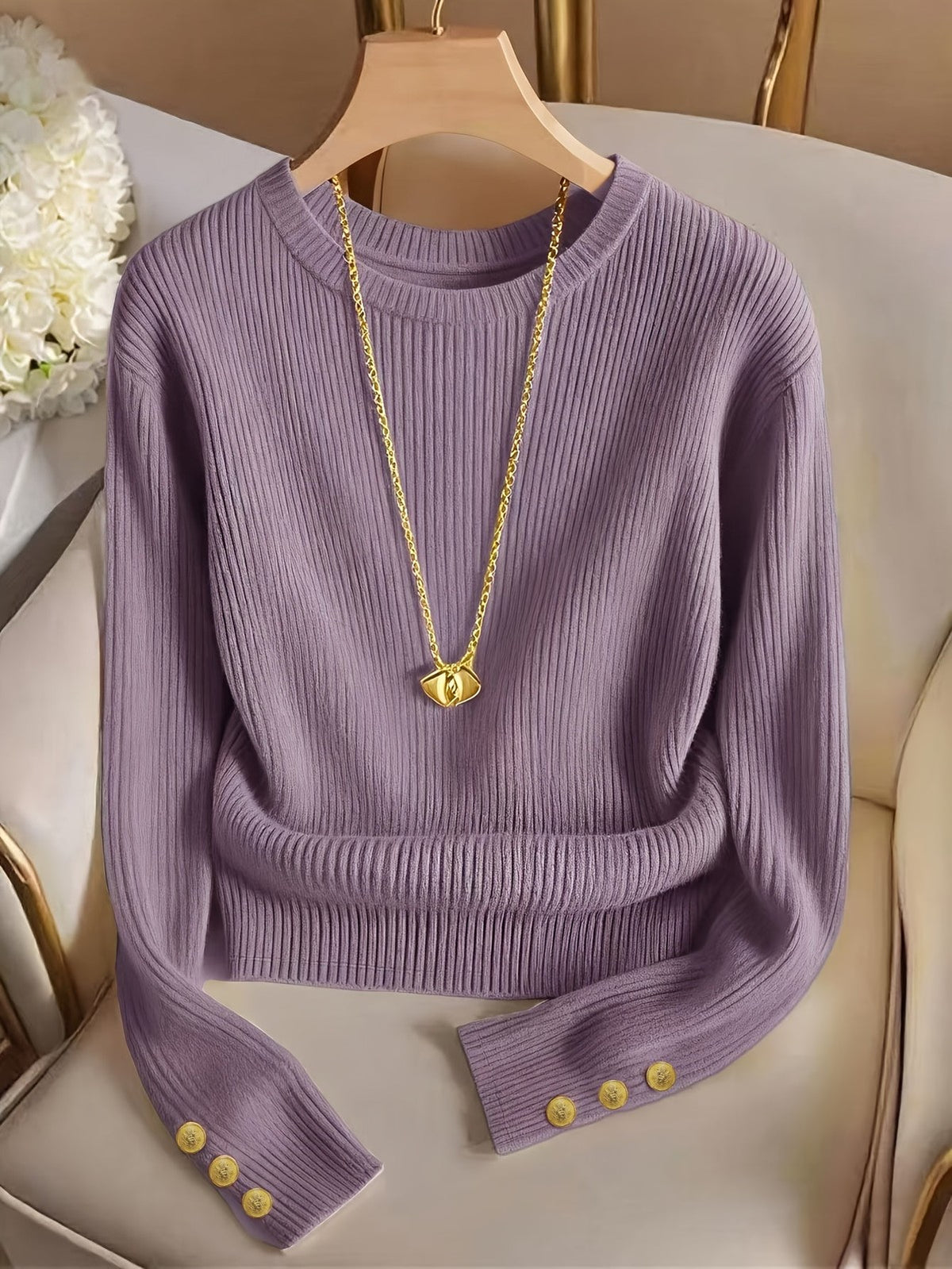 Marvela | Women's Ribbed Button-Cuff Sweater