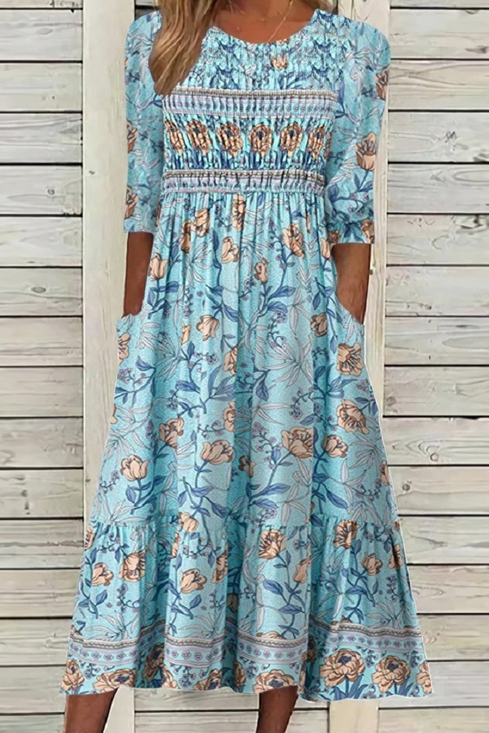 Meadow | Floral Midi Dress with Three Quarter Sleeves and Smocked Bodice