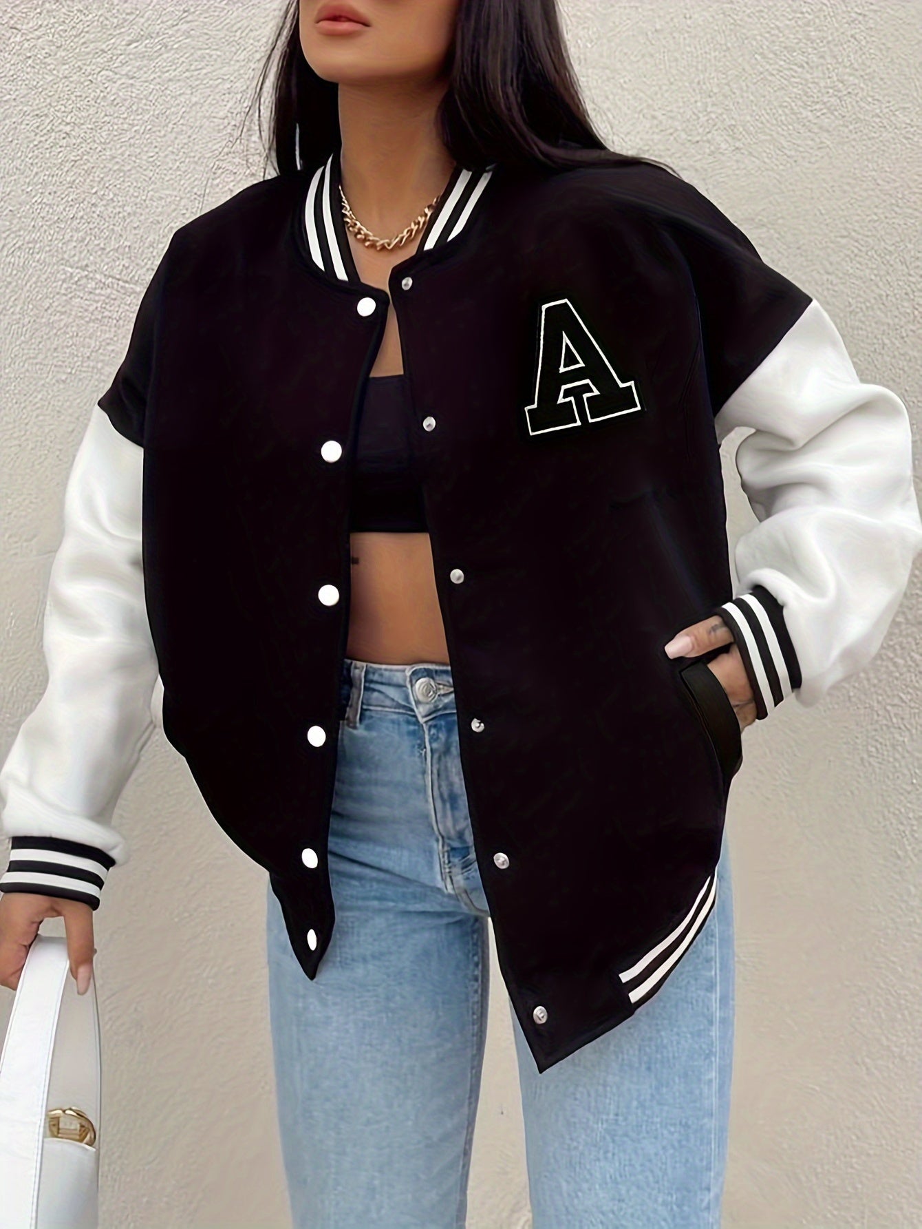 Elysia | Bomber Jacket with Striped Ribbed Cuffs and Contrast Sleeves